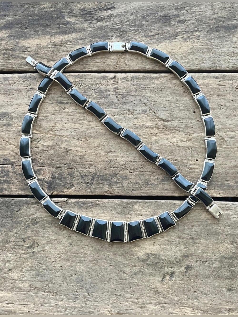 Vintage Mexican 950 Fine Silver Black Onyx Link Necklace and Bracelet Set 105g